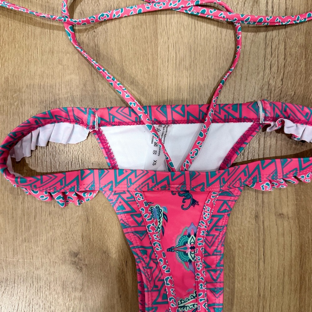 Pink & Blue Patterned Ruffle Bikini - Picture 2 of 6
